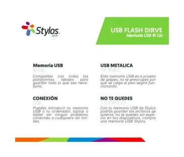 Memoria USB Stylos ST300, 16GB, USB-A 2.0, Lectura 80MB/s, Escritura 50MB/s, Gris
