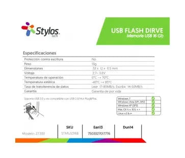 Memoria USB Stylos ST300, 16GB, USB-A 2.0, Lectura 80MB/s, Escritura 50MB/s, Gris