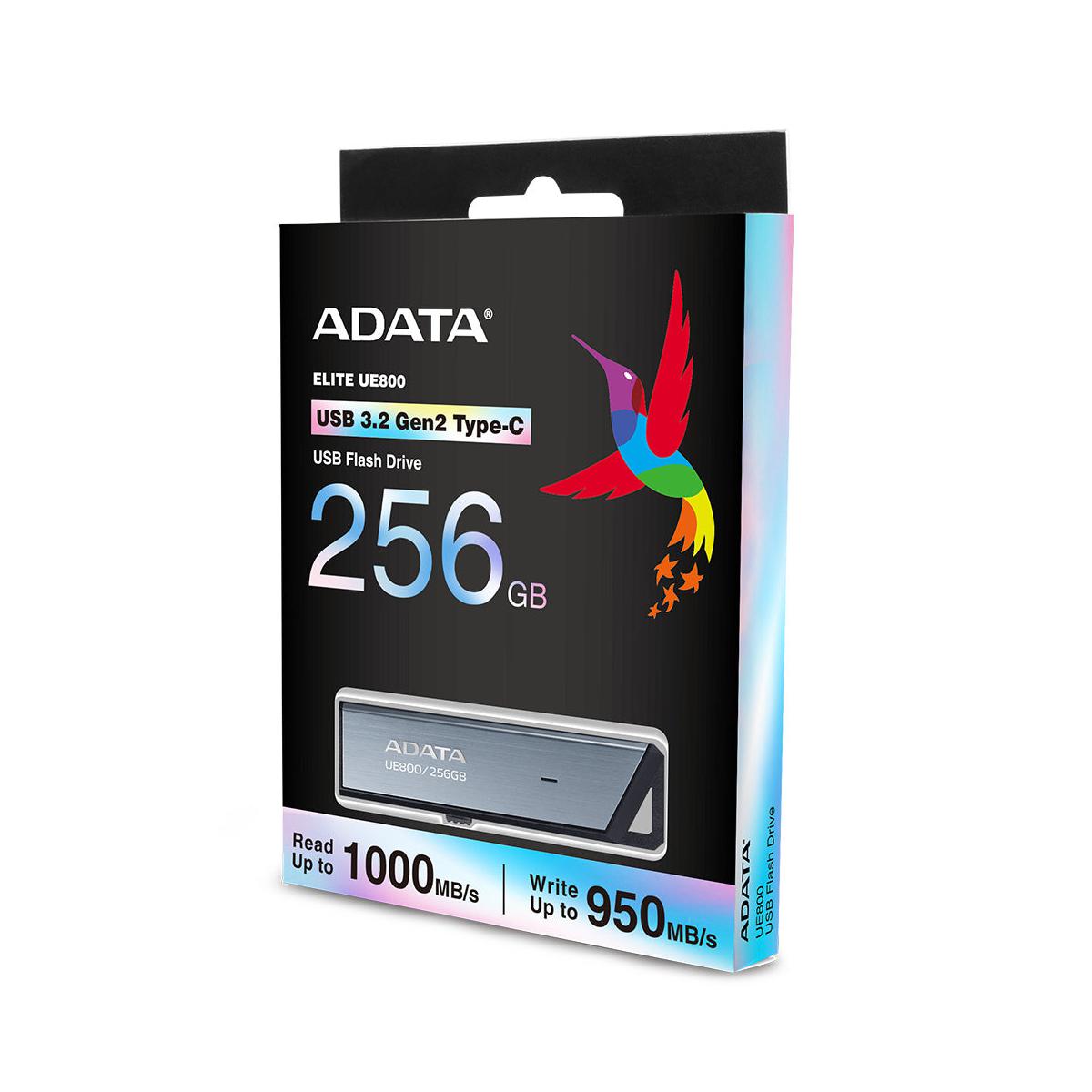 Memoria USB Adata Elite UE800, 256GB, USB-C 3.2, Lectura 1000MB/s, Escritura 950MB/s, Plata