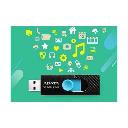 Memoria USB Adata UV220, 64GB, USB 2.0, Negro/Azul