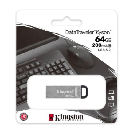 Memoria USB Kingston DataTraveler Kyson, 64GB, USB-A 3.0, Lectura 200MB/s, Plata