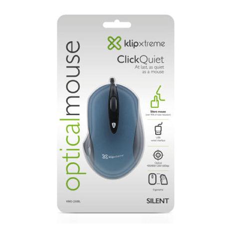 Mouse cableado Klip Xtreme erogonomico ClickQuiet KMO-250BL 4 botones Conexion USB 2.4GHz 400/800/1200/1600 DPI Azul
