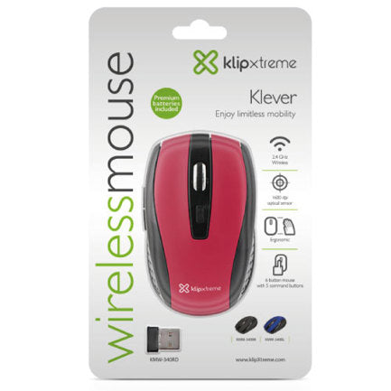 Mouse Klip Xtreme Óptico KMW-340RD, Inalámbrico, USB, 1600DPI, Rojo