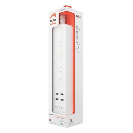Barra Multicontacto Inteligente WiFi Nexxt Home Protector de Sobretensión con 4 tomacorrientes 4 puertos USB 1.8m Blanco