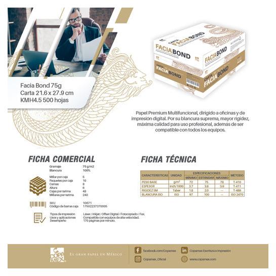Copamex Papel Facia Bond 75g/m², 5000 Hojas de Tamaño Carta, Blanco