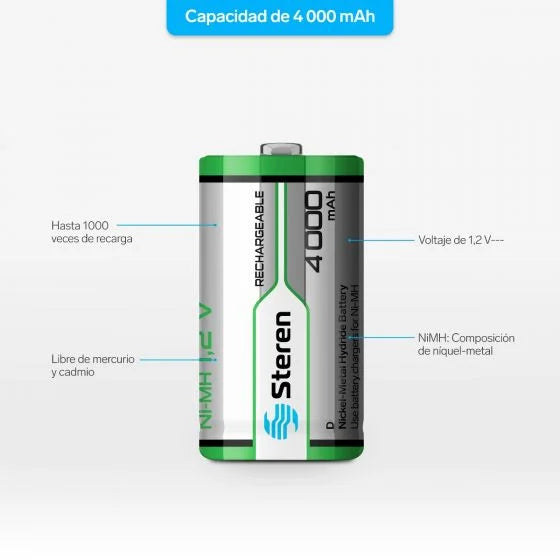 Pilas Domésticas Steren BAT-NM-D2 D (NiMH) 1.2V 4000 mAh Azul, Marrón 2 Pieza(s)