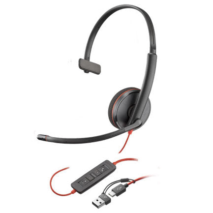 POLY Auriculares monoaurales USB-C Blackwire 3210 + adaptador USB-C/A (A granel)