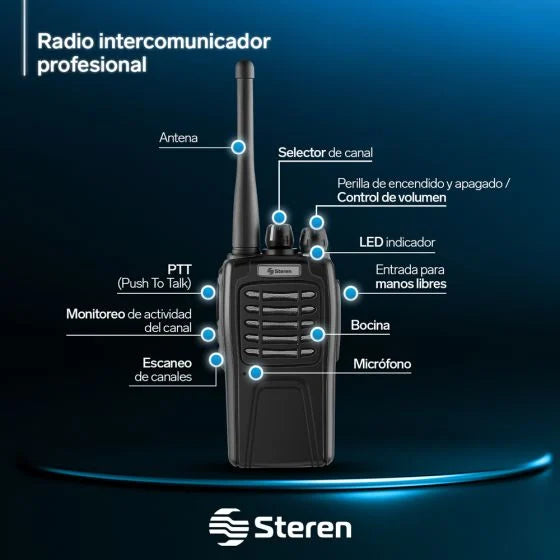 Radio intercomunicador profesional, hasta 5 Km de alcance