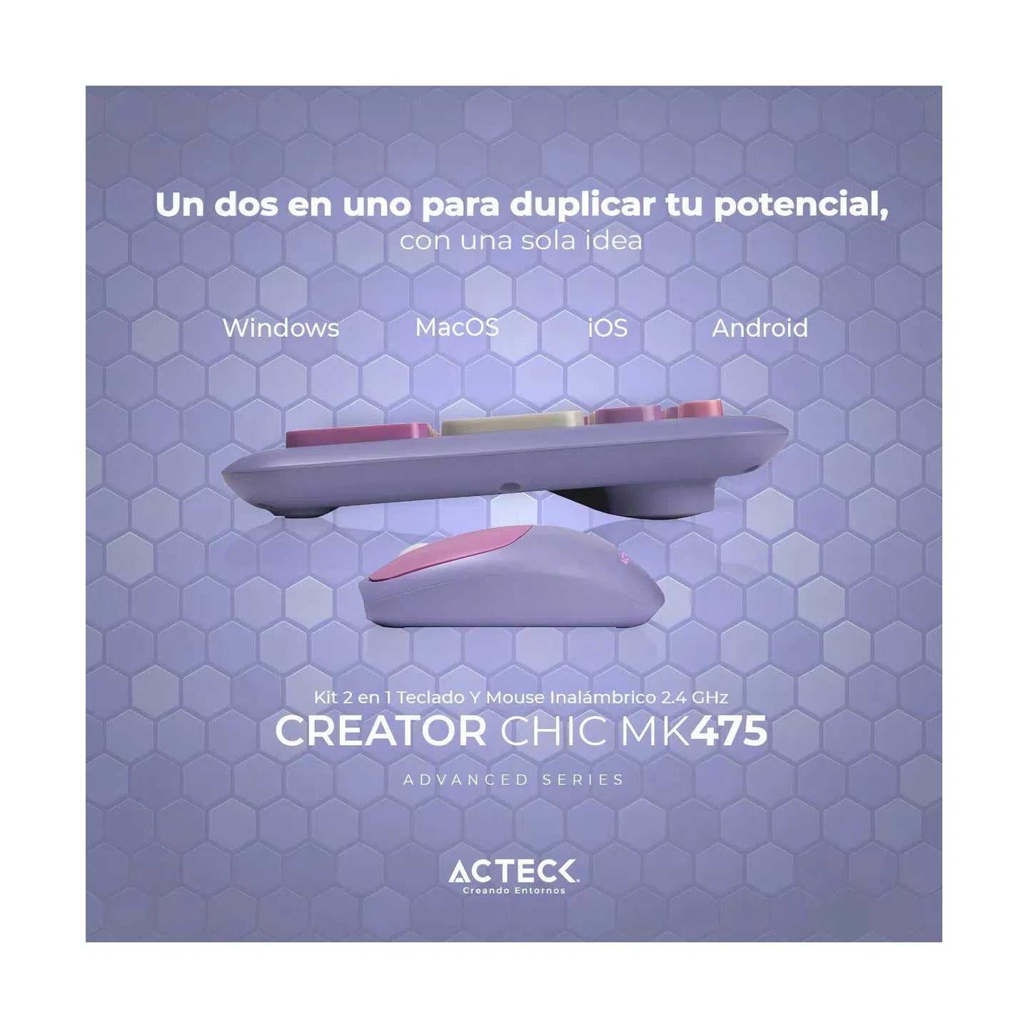 Kit de Teclado y Mouse Acteck Creator Chic Colors MK475, Inalámbrico, USB, Morado
