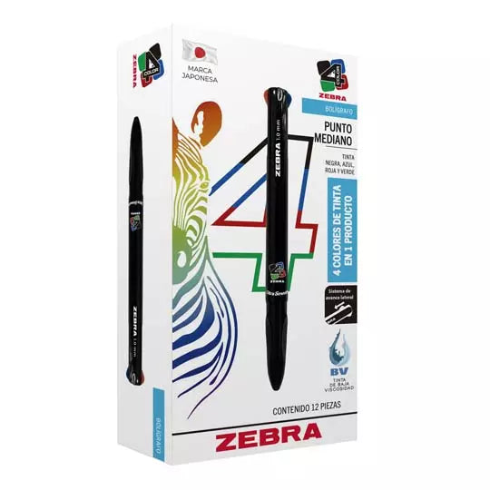 Bolígrafo Zebra 4 Color Retráctil Punto Mediano 1.0mm Colores Negro-Azul-Rojo-Verde C/12 Pzas