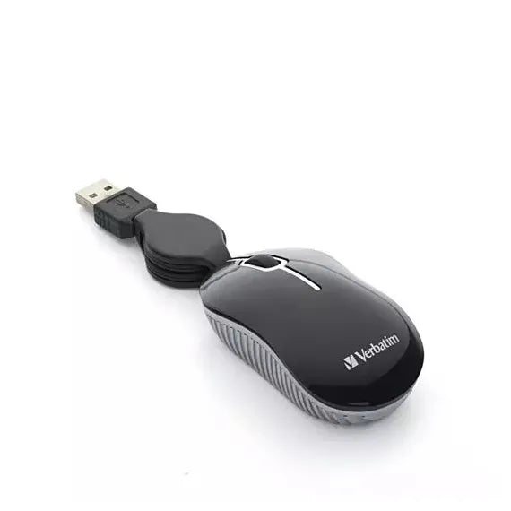 Mouse Verbatim Óptico 98113, Alámbrico, USB Retráctil, Negro/Plata